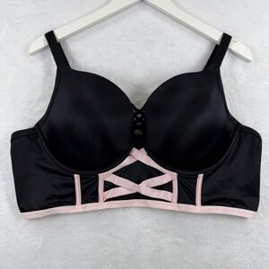 Torrid XO Boost Plunge Bra 44D Black Pink Lace Up Front Underwire 41285447